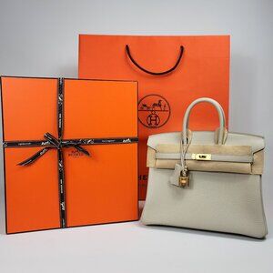 NEW Full Gift Box Receipt HERMES Birkin 25 Beton Togo Leather Gold Tote Bag